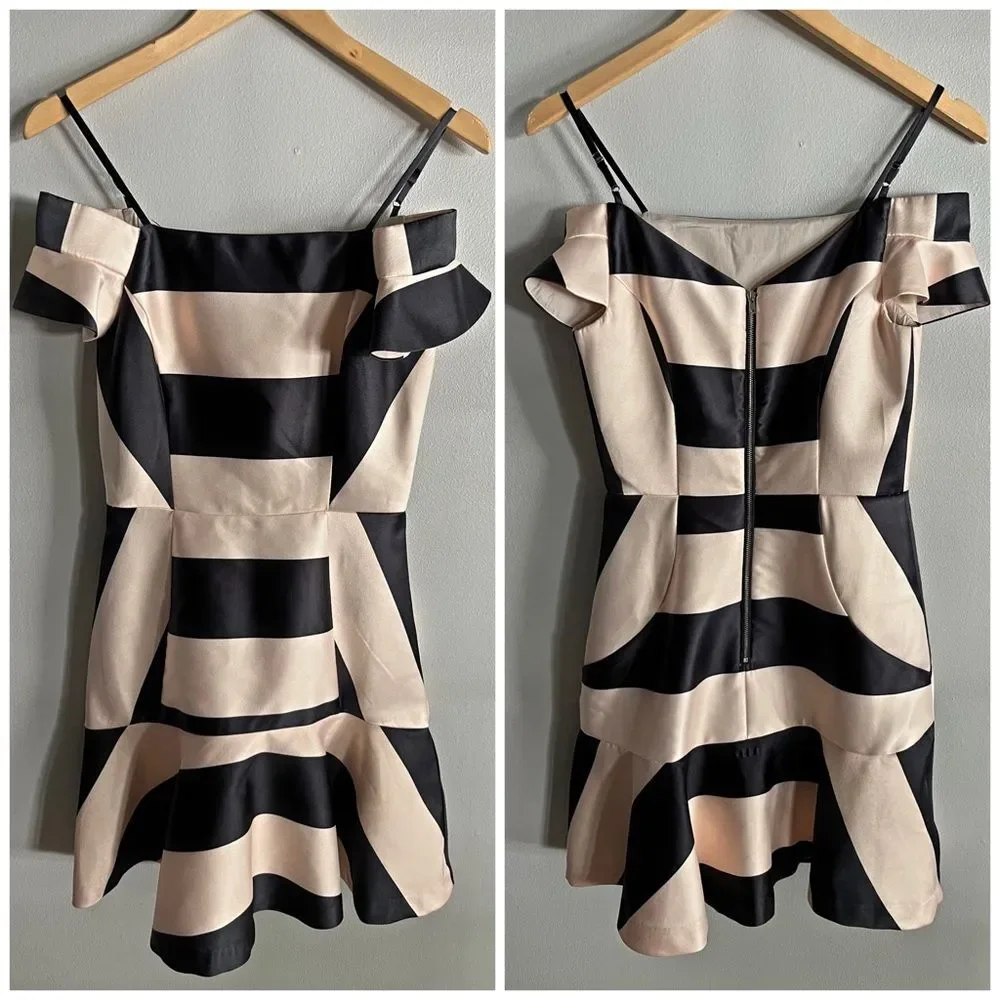 Gianni Bini Strapless Fit & Flare Dress XS, Black Beige Stripe, Party Mini
